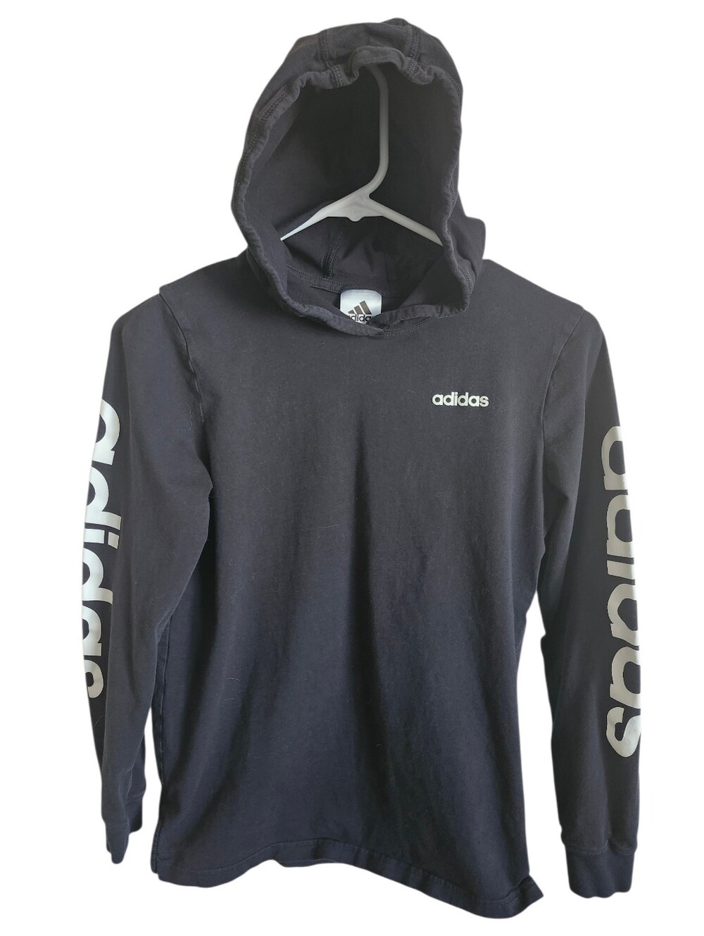 Adidas Boys Youth Black Hooded Long Sleeve Tee With Sleeve Graphics Size M 10-12